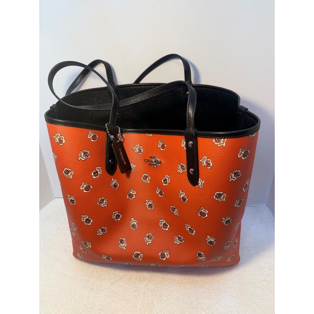 Coach City Tote Orange Rose Floral Print Crossgrain Leather Bag F31207 - Picture 2 of 9